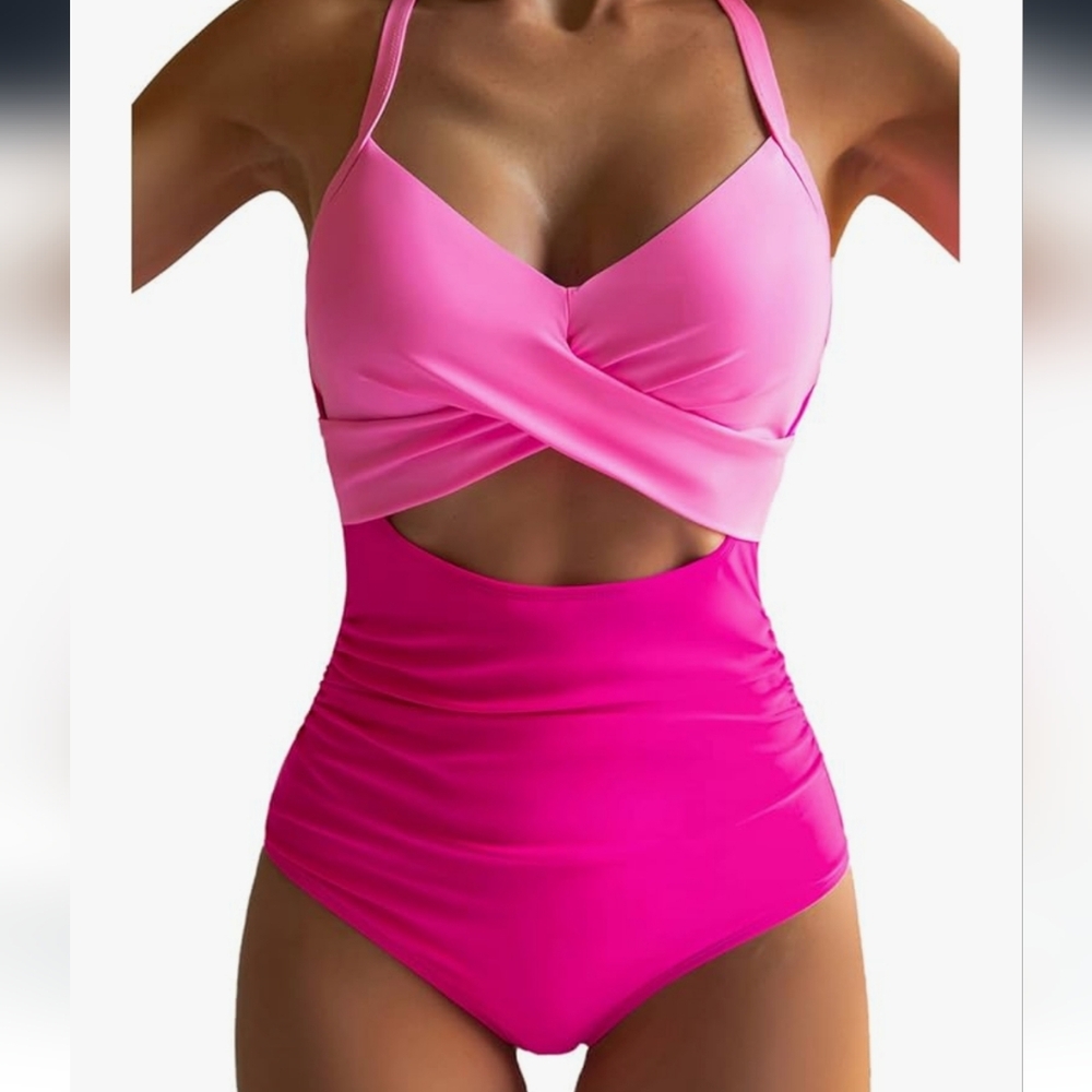 Pink Two-Tone Twist Front One-Piece Swimsuit